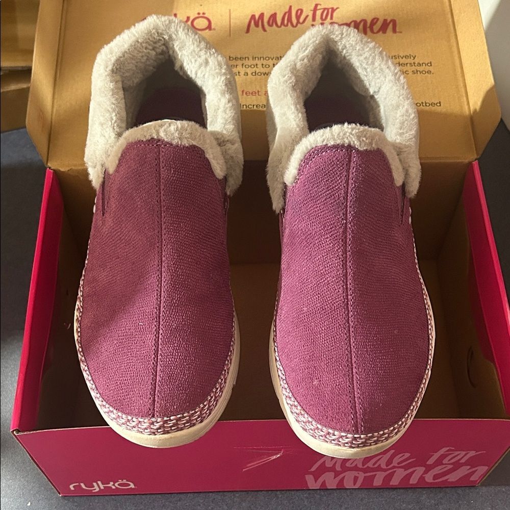 Ryka Water Repellent Suede & Faux Fur Slip-Ons Anchorage Argyle Purple Sz 7